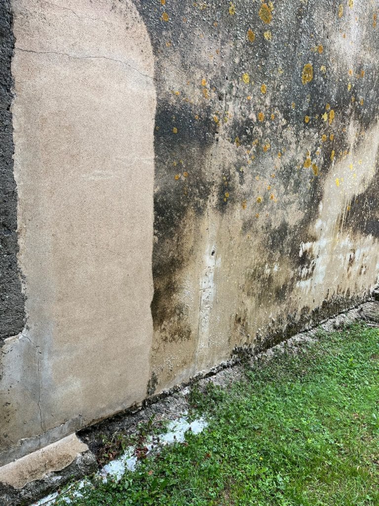 Le vieux mur patiné par les intempéries, parsemé de taches de plâtre et de mousse, se dresse tel un témoignage du temps, à côté dune étendue dherbe et dune étroite bande de béton. Nos prestations pourraient transformer cette scène rustique en quelque chose de vraiment remarquable.