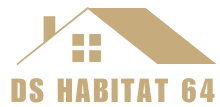 Logo représentant une maison stylisée avec le texte DS Habitat 64 et le slogan Neuf et Rénovation en beige sur fond bleu.