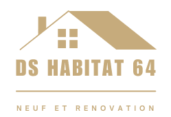 Logo représentant une maison stylisée avec le texte DS Habitat 64 et le slogan Neuf et Rénovation en beige sur fond bleu.